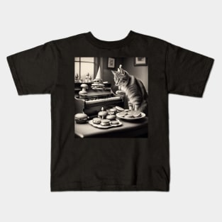 piano playing cat with burgers on his birthday Kids T-Shirt